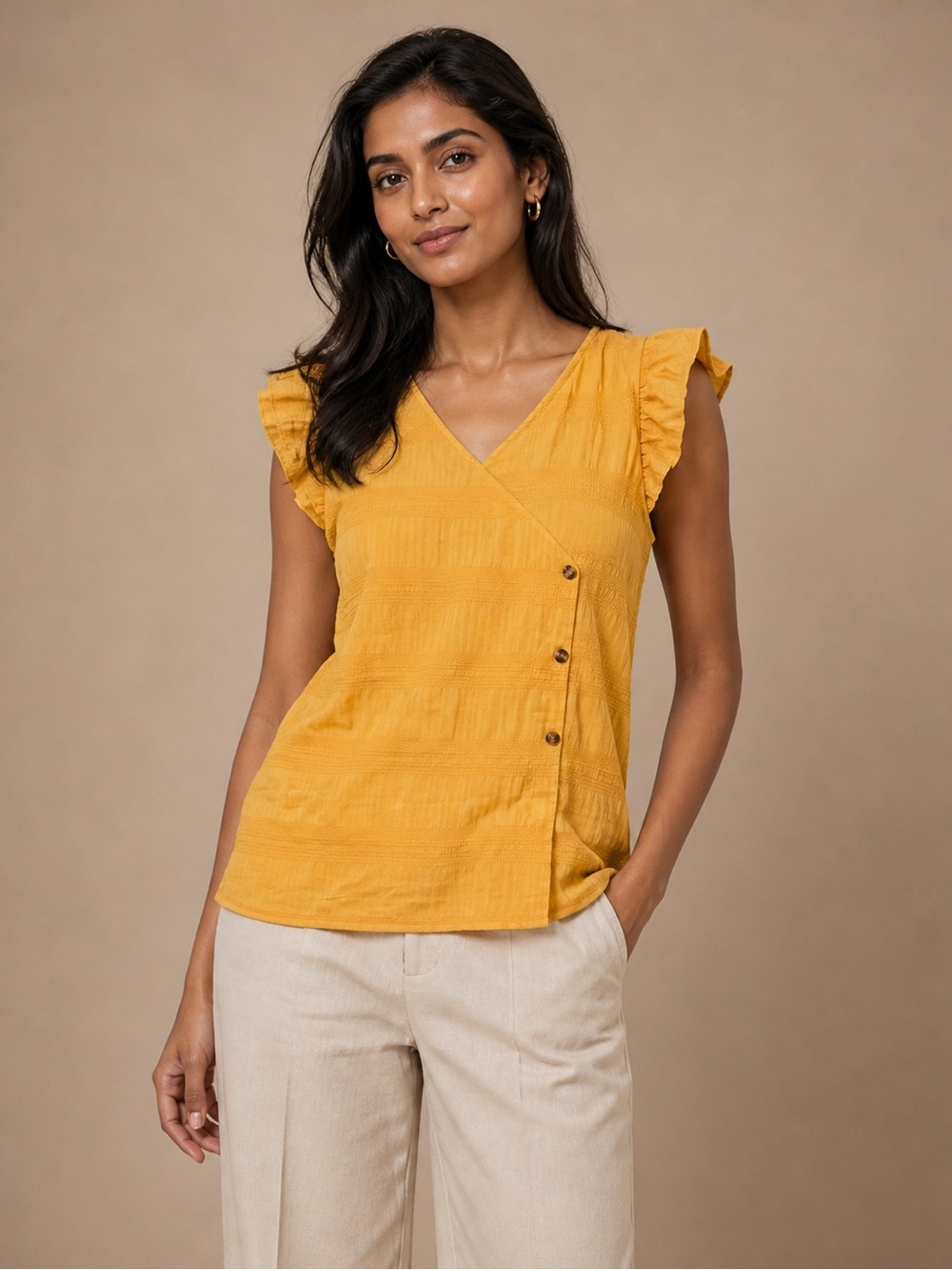 Mustard Yellow Blouse 2XL Flutter Sleeve Button Detail Top